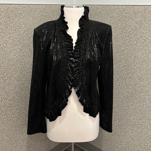 Lancaster 148 Jackets & Blazers - Lancaster 148 New York Black Shimmery Jacquard Leather Ruffle Jacket Size 10